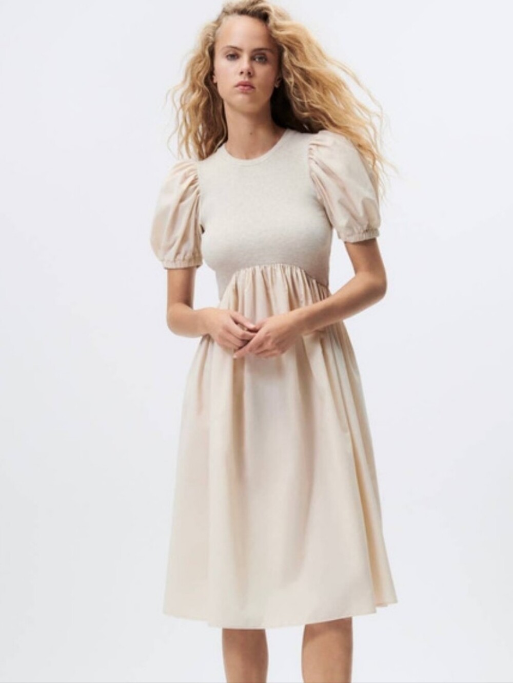 Zara Cream Combination Knit & Poplin Midi Dress Size Small